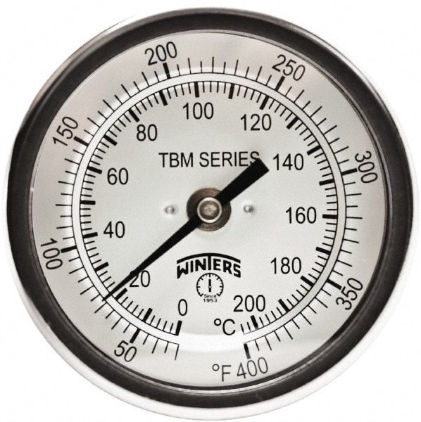 Bimetal Dial Thermometer: 50 to 400 ° F, 2" Dial Dia, 4" Stem Length