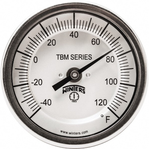 Bimetal Dial Thermometer: -40 to 120 ° F, 2" Dial Dia, 2-1/2" Stem Length