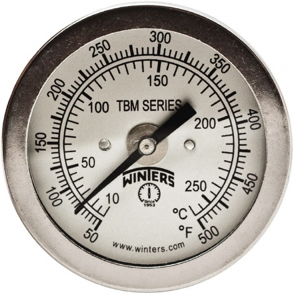 Bimetal Dial Thermometer: 50 to 500 ° F, 2" Dial Dia, 2-1/2" Stem Length