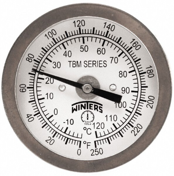 Bimetal Dial Thermometer: 0 to 250 ° F, 2" Dial Dia, 2-1/2" Stem Length