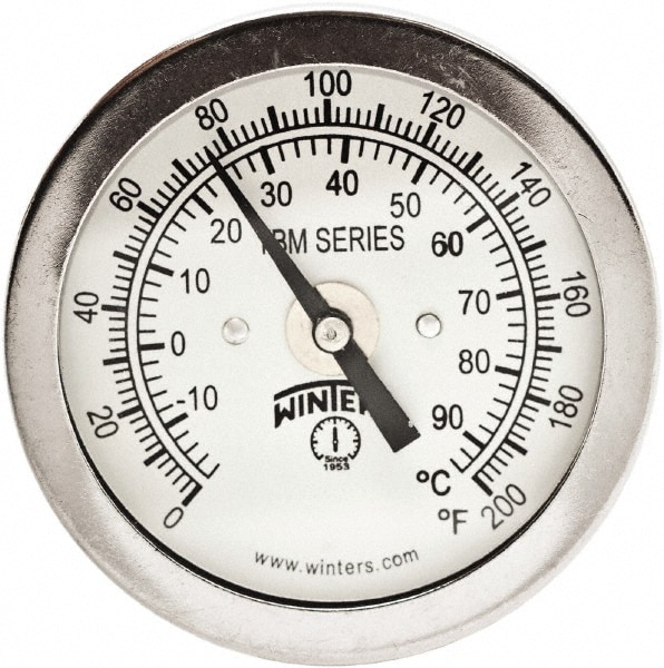 Bimetal Dial Thermometer: 0 to 200 ° F, 2" Dial Dia, 2-1/2" Stem Length