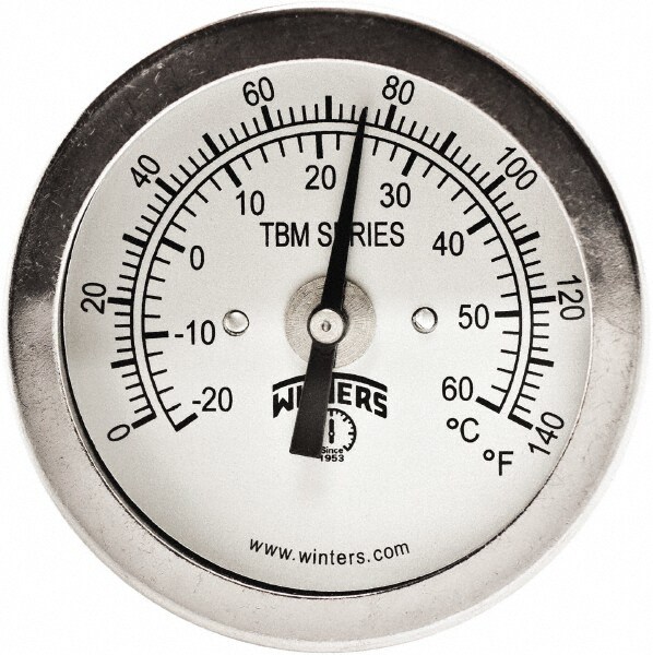 Bimetal Dial Thermometer: 0 to 140 ° F, 2" Dial Dia, 2-1/2" Stem Length