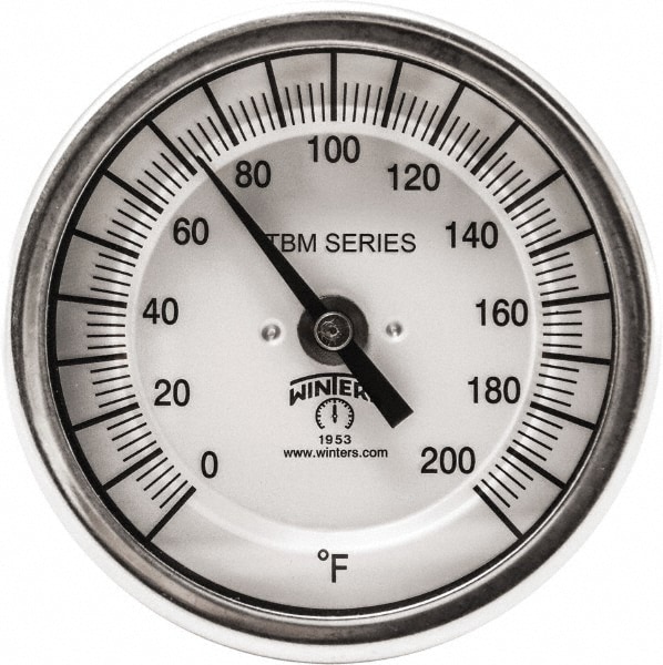 Bimetal Dial Thermometer: 0 to 200 ° F, 3" Dial Dia, 2-1/2" Stem Length