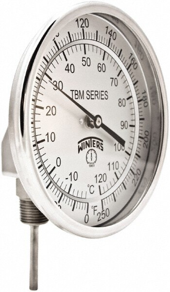 Bimetal Dial Thermometer: 0 to 250 ° F, 5" Dial Dia, 2-1/2" Stem Length