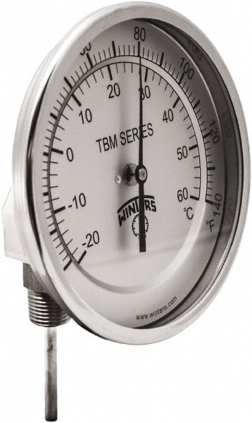 Bimetal Dial Thermometer: 0 to 140 ° F, 5" Dial Dia, 2-1/2" Stem Length