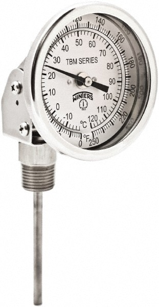 Bimetal Dial Thermometer: 0 to 250 ° F, 3" Dial Dia, 4" Stem Length