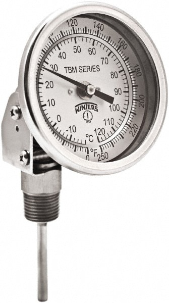 Bimetal Dial Thermometer: 0 to 250 ° F, 3" Dial Dia, 2-1/2" Stem Length