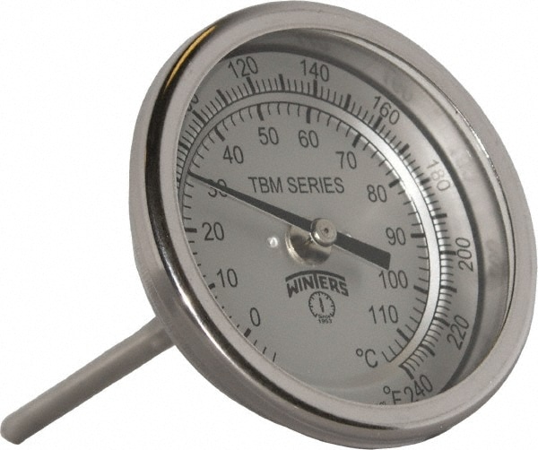 Bimetal Dial Thermometer: 20 to 240 ° F, 3" Dial Dia, 4" Stem Length