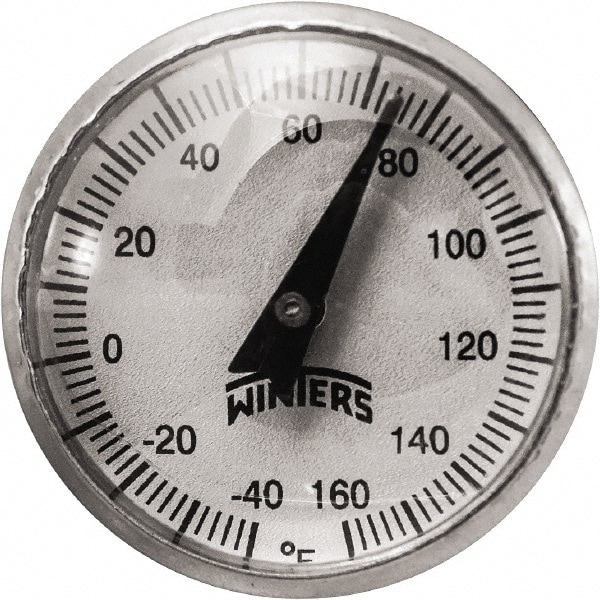 Bimetal Dial Thermometer: 0 to 160 ° F, 1" Dial Dia, 5" Stem Length