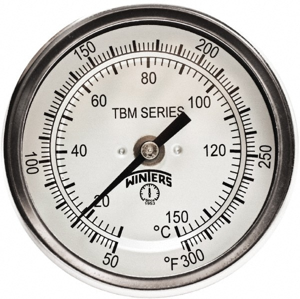 Bimetal Dial Thermometer: 0 to 300 ° F, 3" Dial Dia, 9" Stem Length