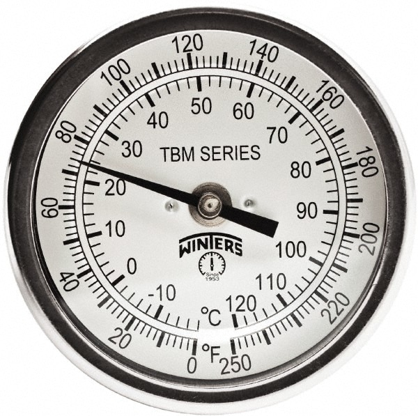 Bimetal Dial Thermometer: -40 to 250 ° F, 3" Dial Dia, 9" Stem Length