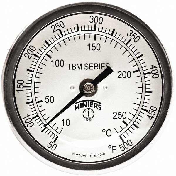 Bimetal Dial Thermometer: 50 to 500 ° F, 3" Dial Dia, 6" Stem Length