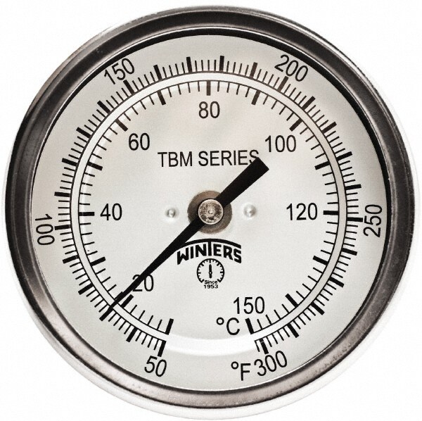 Bimetal Dial Thermometer: 50 to 300 ° F, 3" Dial Dia, 6" Stem Length