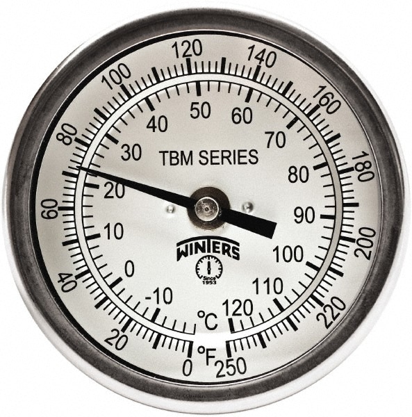 Bimetal Dial Thermometer: 20 to 250 ° F, 3" Dial Dia, 6" Stem Length