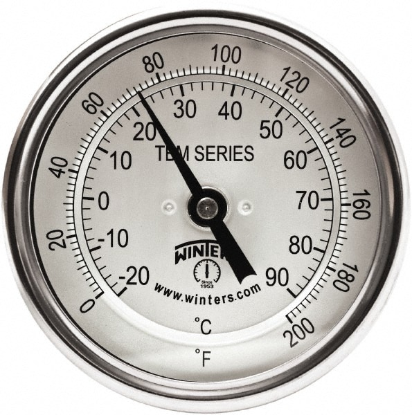 Bimetal Dial Thermometer: 0 to 200 ° F, 3" Dial Dia, 6" Stem Length