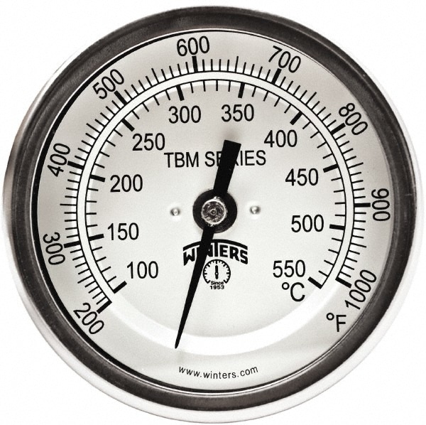 Bimetal Dial Thermometer: 0 to 1,000 ° F, 3" Dial Dia, 4" Stem Length