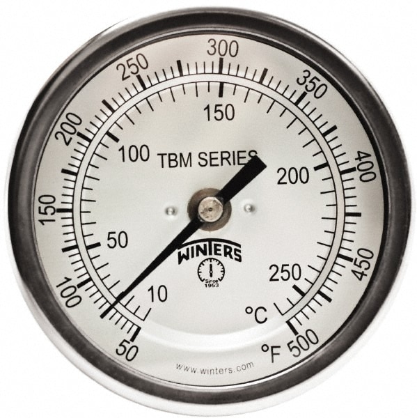 Bimetal Dial Thermometer: 0 to 500 ° F, 3" Dial Dia, 4" Stem Length