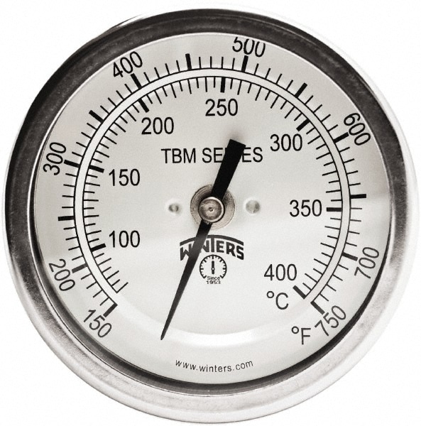 Bimetal Dial Thermometer: 0 to 750 ° F, 3" Dial Dia, 4" Stem Length