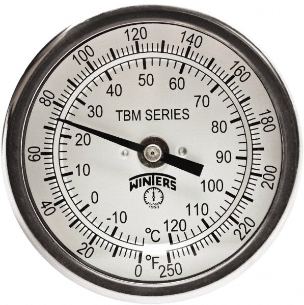 Bimetal Dial Thermometer: 0 to 250 ° F, 3" Dial Dia, 4" Stem Length