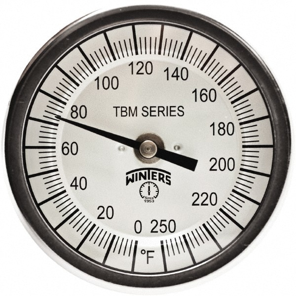 Bimetal Dial Thermometer: 0 to 250 ° F, 3" Dial Dia, 4" Stem Length