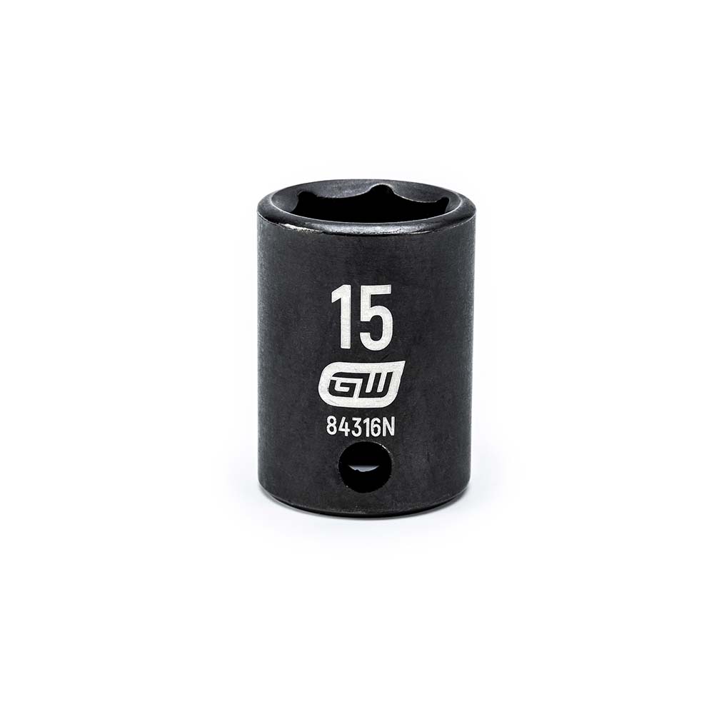 Impact Socket: 3/8" Drive, 15 mm Socket, Hex Drive - 6 Point, Black Oxide