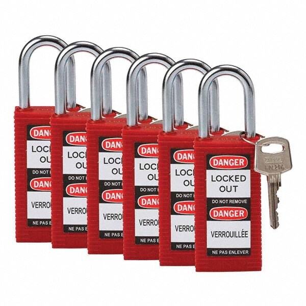 Lockout Padlock: Keyed Different, Key Retaining, Nylon, Nylon Shackle, Red