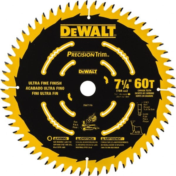 Dewalt DW7116PT Wet & Dry Cut Saw Blade: 7-1/4" Dia, 5/8" Arbor Hole, 0.063" Kerf Width, 60 Teeth 
