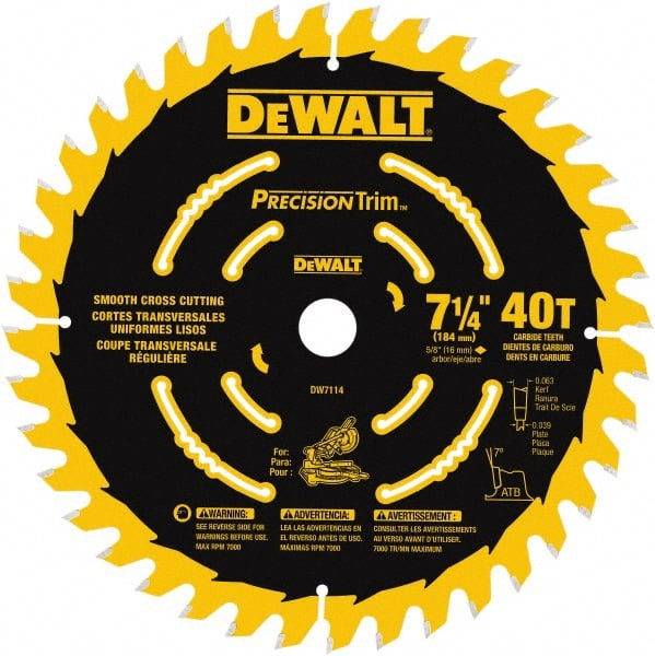 Dewalt DW7114PT Wet & Dry Cut Saw Blade: 7-1/4" Dia, 5/8" Arbor Hole, 0.063" Kerf Width, 40 Teeth 