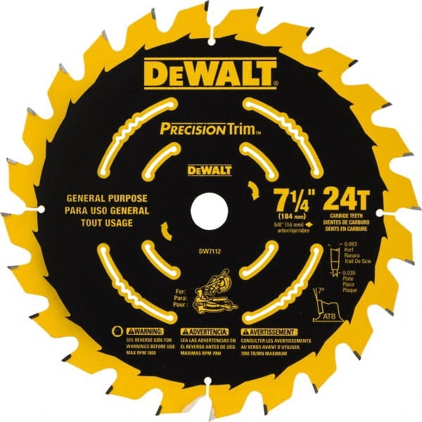 Dewalt DW7112PT Wet & Dry Cut Saw Blade: 7-1/4" Dia, 5/8" Arbor Hole, 0.063" Kerf Width, 24 Teeth 