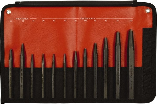 Center& Prick Punch Set: 12 Pc, 0.0938 to 0.375"