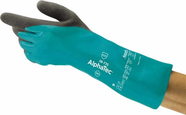 Chemical Resistant Gloves: AlphaTEC&trade; 58-735, Size Medium, 39.0000 mil, Nitrile-Coated, Nitrile, Supported - Green, 14" OAL, Ansell Grip Grip, Pair, ANSI Abrasion 6, ANSI Cut A3, ANSI Puncture 3, }