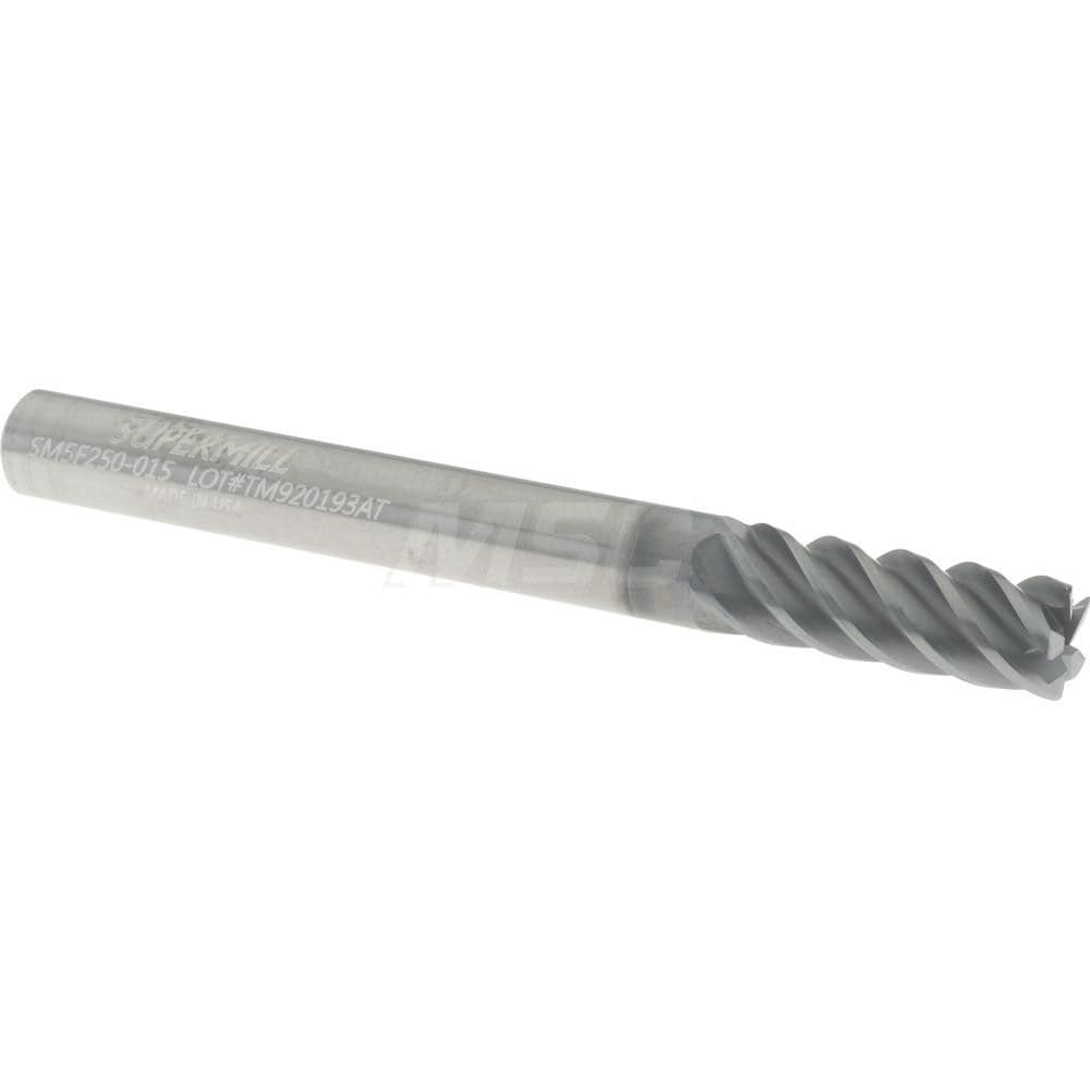 Corner Radius End Mill: 1/4" Dia, 3/4" LOC, 0.015" Radius, 5 Flutes, Solid Carbide