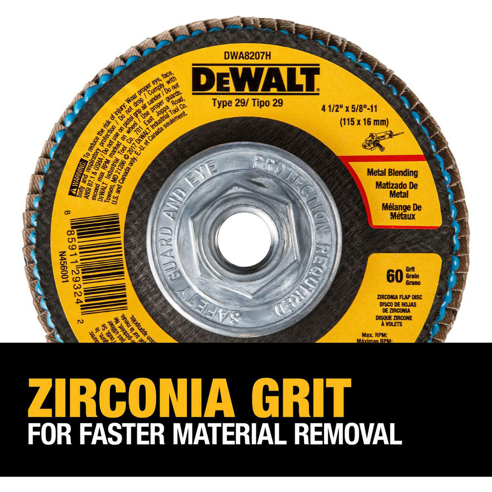 DeWALT Flap Disc 41/2" Dia, 5/811" Hole, 60 Grit, Zirconia Alumina, Type 29 MSC