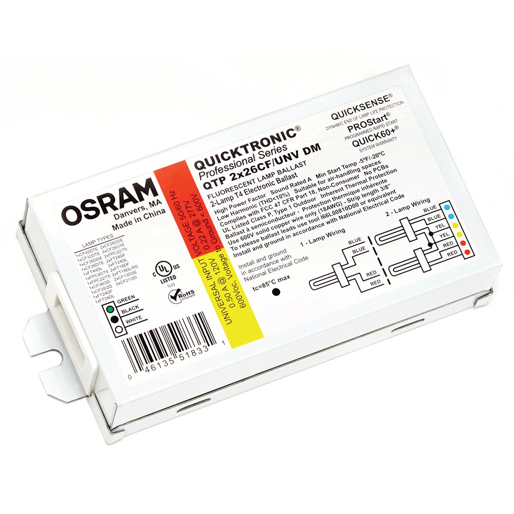 Fluorescent Ballasts; Ballast Type: Electronic ; Lamp Wattage Range: 40 to 79 ; Lamp Type: CF26DD ; Lamp Starting Method: Instant Start ; Ballast Factor Range: Normal or High (1.00 to 1.19) ; Total Harmonic Distortion (%): 10