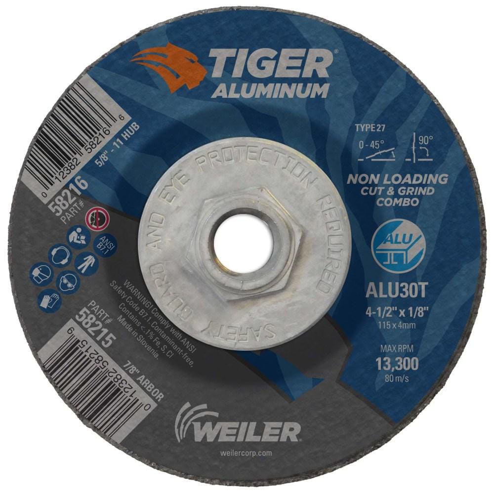 Cutoff Wheel: Type 27, 4-1/2" Dia, 1/8" Thick, 5/8" Hole, Aluminum Oxide