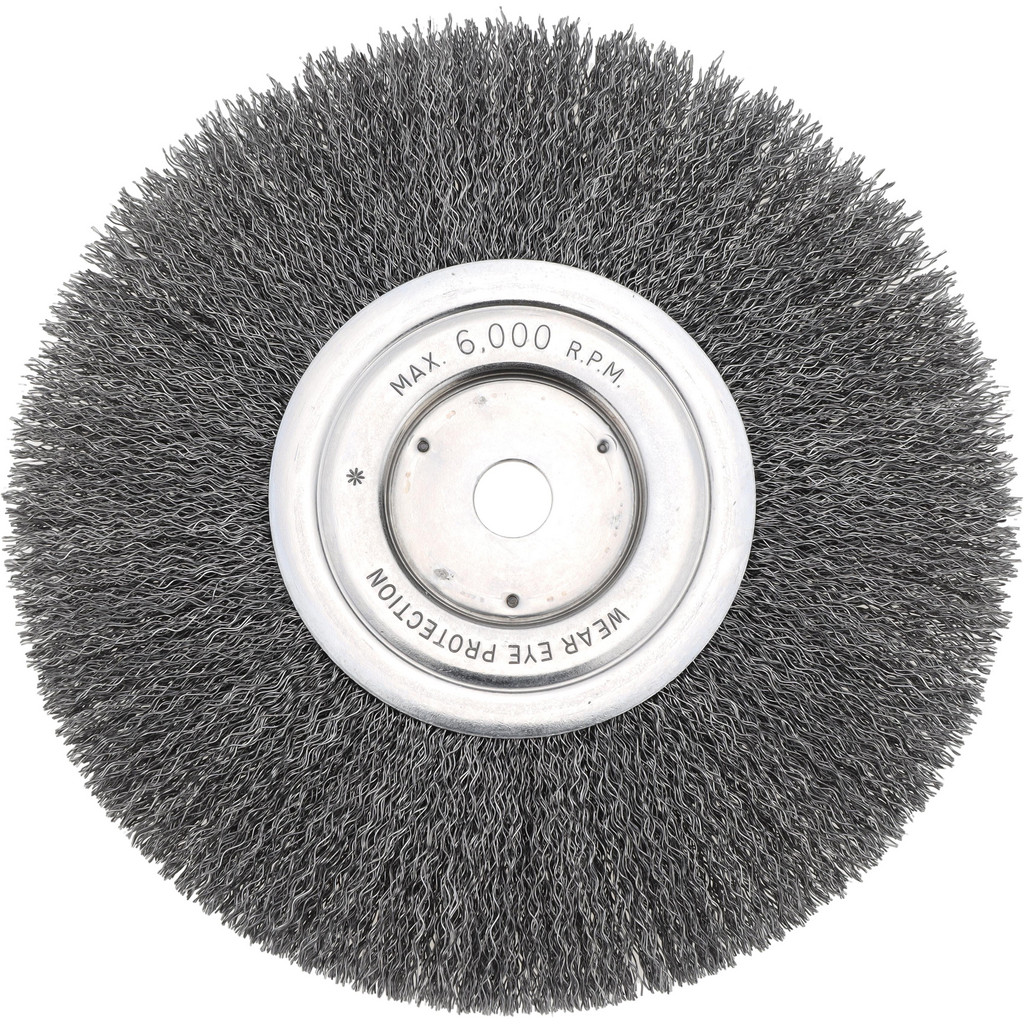 Weiler Wheel Brush: 8" Wheel Dia, 3/4" Face Width, 0.0140" Wire Dia, Crimped - 5/8" Hole, Carbon Steel, 6000 RPM | 48-Pack | 16-Pack | Part #93286