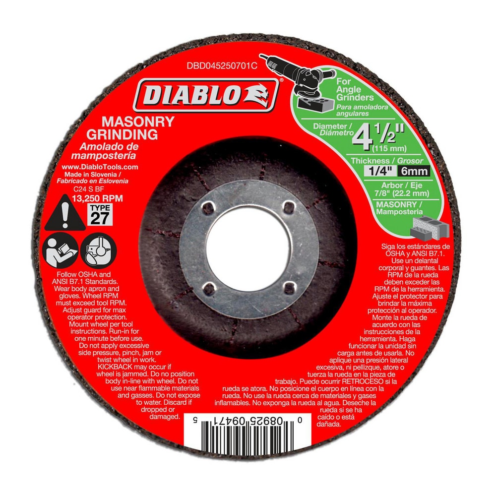 Depressed-Center Wheels; Wheel Diameter (Inch): 4-1/2 ; Wheel Thickness (Inch): 1/4 ; Hole Size: 7/8 (Inch); Wheel Type: Type 27 ; Maximum Rpm: 13280