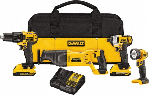20.00 Volt Cordless Tool Combination Kit  - Includes DCD780 1/2 in 20V MAX Drill/Driver, DCF885 1/4 in Impact Driver, DCS381 Reciprocting Saw, DCL040 LED Worklight 