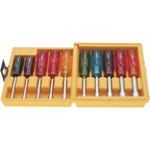 Nut Driver Set: 10 Pc, 3/16 to 9/16", Hollow Shaft, Plastic Handle