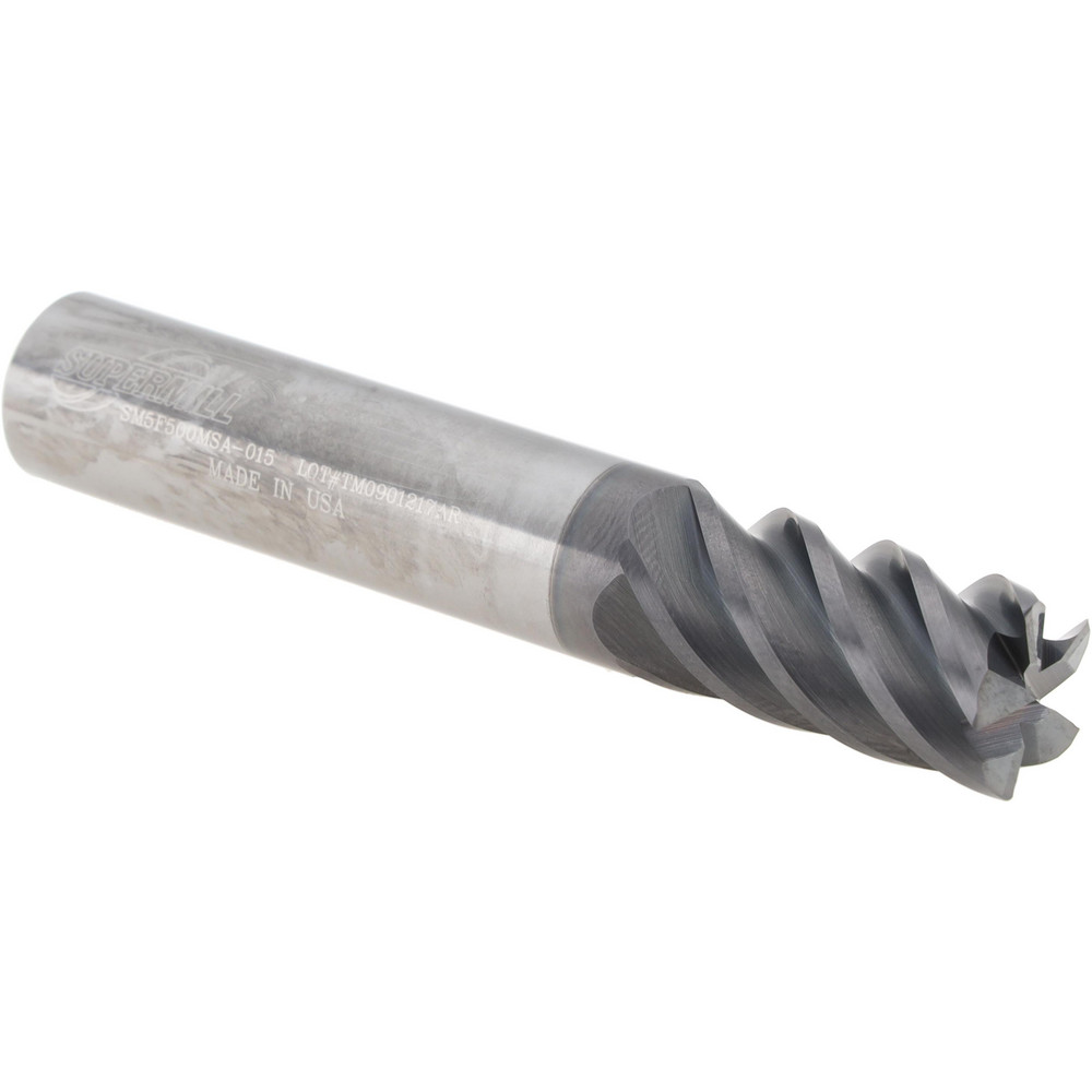 Corner Radius End Mill: 1/2" Dia, 1" LOC, 0.0150" Radius, 5 Flute, Solid Carbide