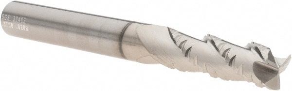 SGS 33462 Corner Radius End Mill: 3/8" Dia, 1-1/4" LOC, 0.02" Radius, 3 Flutes, Solid Carbide 