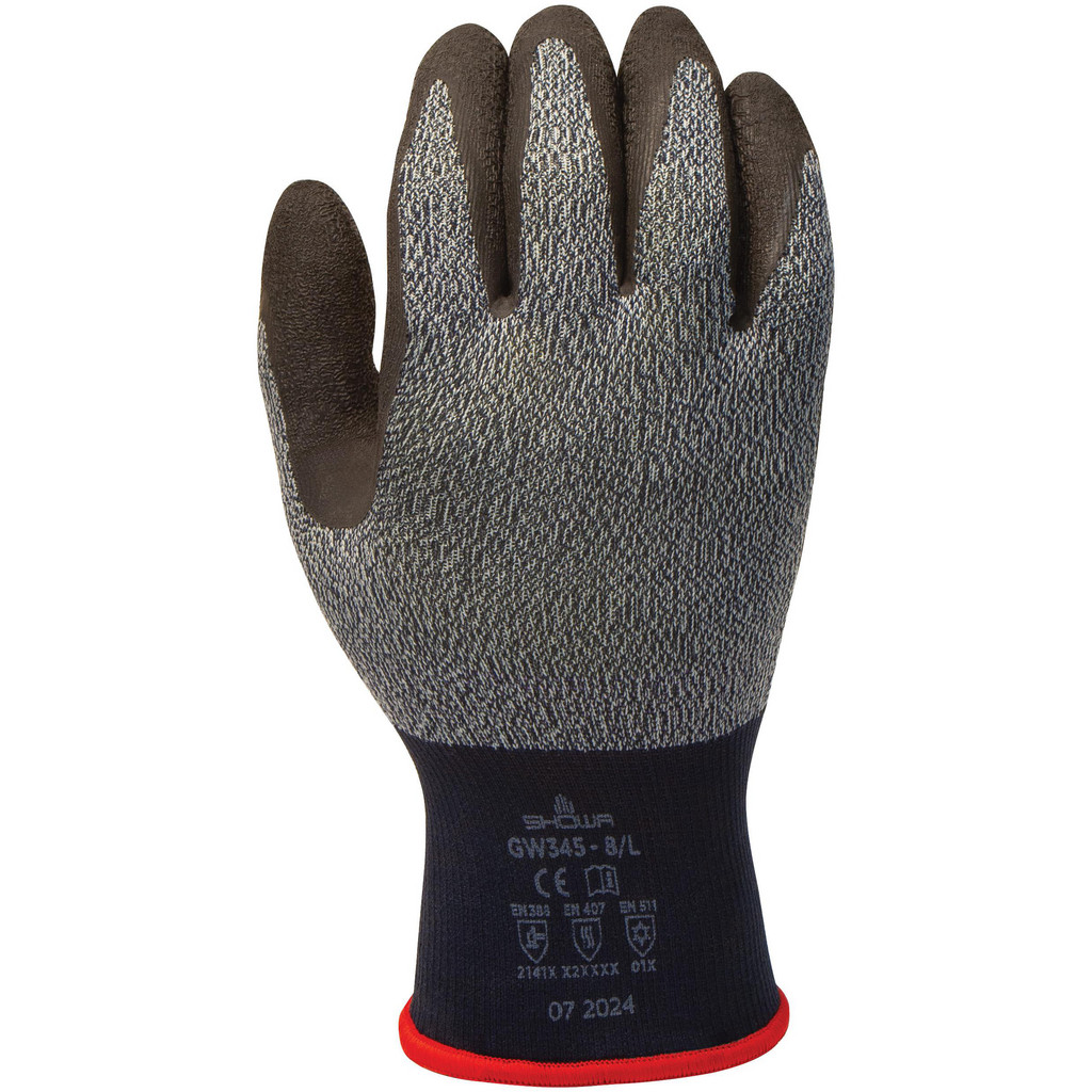SHOWA® Cold Gloves: SHOWA® Size 2X-Large, nylon/polyester/polyurethane liner, Natural Rubber Latex-Coated, 20 deg F Min - Black & White, Elastic