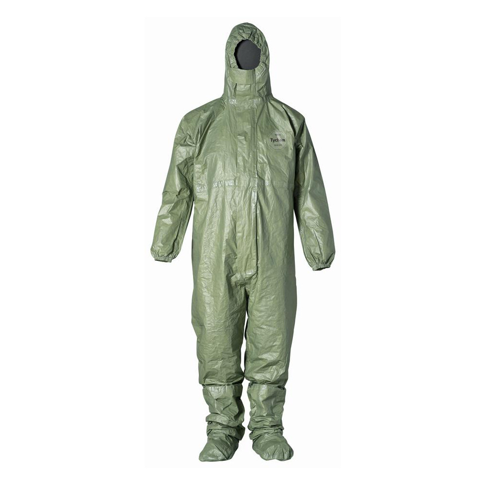 Disposable Coveralls: Flame, Splash, Chemical, Particle & Bloodborne Pathogen Protection, Size 2X-Large, 3.2000 oz, Tychem 2000 SFR QS127TGR - Zipper & Stormflaps Closure,  Green,  Taped Seam, Elastic Cuff, Elastic Ankle, ISO Class Non-Cleanroom