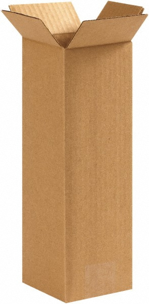 Corrugated Shipping Box: 4" Long, 4" Wide, 12" High - 1 Wall, Kraft, 65 lb Capacity