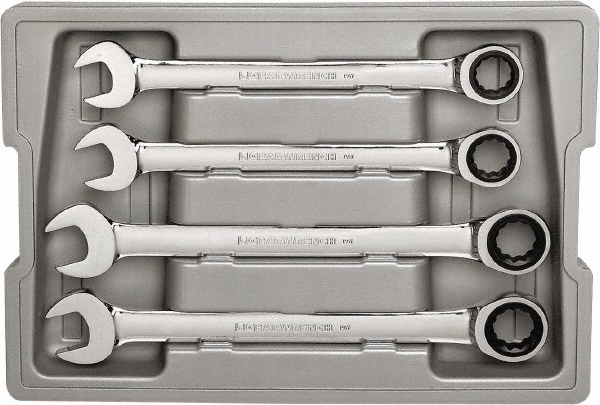 Combination Wrench Set: 4 Pc, 1/2 to 9/16" Wrench, Metric - 15 deg Head Offset Angle, Chrome Finish, Ratcheting