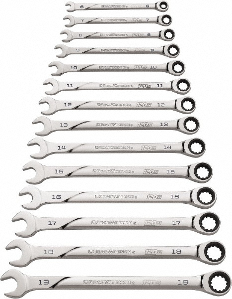 Combination Wrench Set: 14 Pc, 6 to 19 mm Wrench, Metric - 0 deg Head Offset Angle, Chrome Finish, Ratcheting