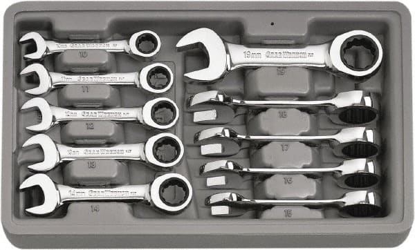 GEARWRENCH 9520D Ratcheting Combination Wrench Set: 10 Pc, 10 mm 11 mm 12 mm 13 mm 14 mm 15 mm 16 mm 17 mm 18 mm & 19 mm Wrench, Metric 