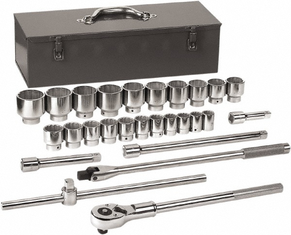 Socket Set: Standard, 27 Pc, 3/4" Drive, 7/8 to 2-3/8" - 12 Point, Chrome