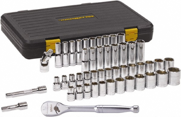 Socket Set: Deep Standard, 49 Pc, 1/2" Drive, 7/16 to 1-1/8", 10.00 to 24.00 mm - 6 Point, Chrome
