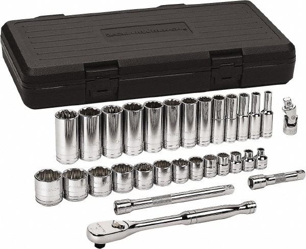 Socket Set: Deep Standard, 30 Pc, 3/8" Drive, 1/4 to 1" - 12 Point, Chrome